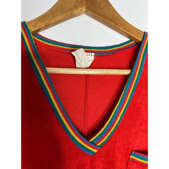 Vintage 70s Red Terry Cloth Dress Rainbow Trim Pocket Elastic Waist Womens XS - Picture 3 of 10